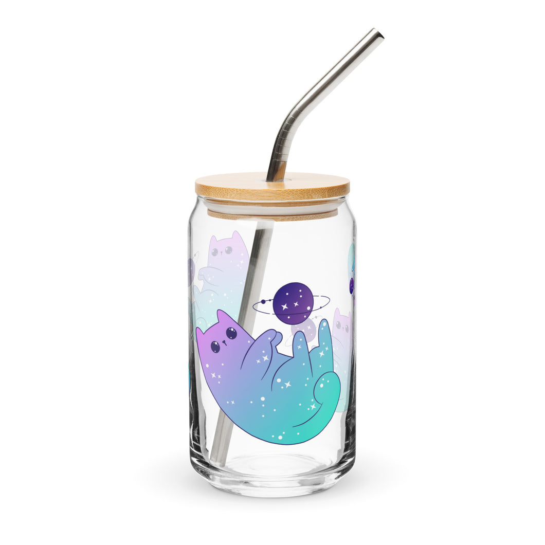 Cosmic Kitty Glass tumbler with optional bamboo lid and straw