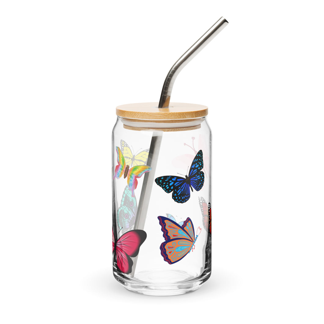 Butterflies Glass tumbler with optional bamboo lid and straw