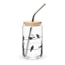 Load image into Gallery viewer, Birds on Wire Glass tumbler with optional bamboo lid and straw
