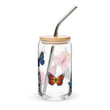 Load image into Gallery viewer, Butterflies Glass tumbler with optional bamboo lid and straw
