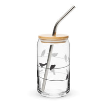 Load image into Gallery viewer, Birds on Wire Glass tumbler with optional bamboo lid and straw
