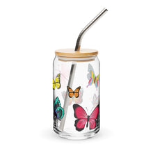 Load image into Gallery viewer, Butterflies Glass tumbler with optional bamboo lid and straw
