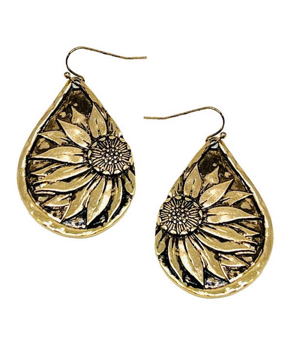Vintage Gold Metal Sunflower Teardrop Earrings