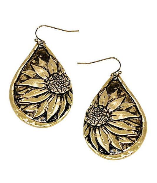 Vintage Gold Metal Sunflower Teardrop Earrings