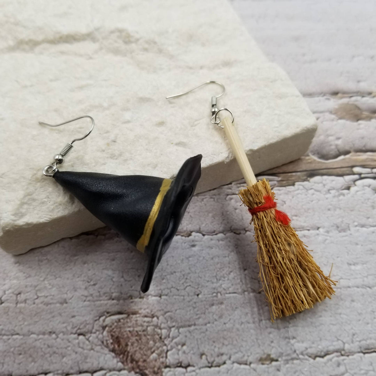 Witch Hat & Broom Mismatch Earrings for Fall, Halloween