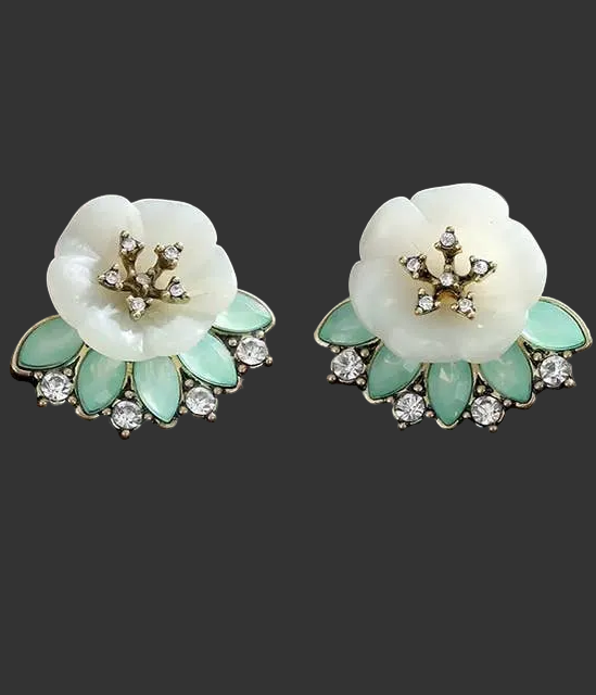 Vintage Floral Mint Crystal Stud Earrings