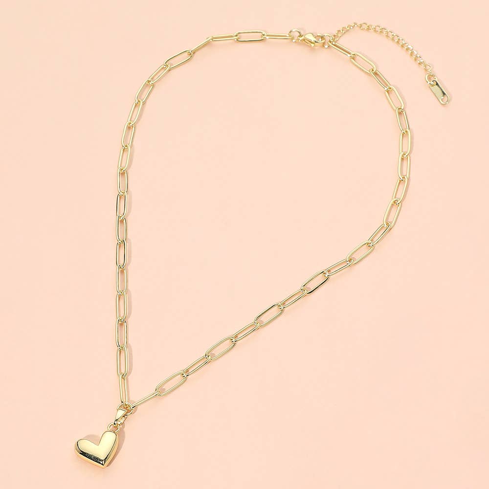 Gold Tone Heart Pendant Paperclip Chain Necklace