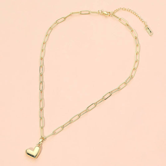 Gold Tone Heart Pendant Paperclip Chain Necklace