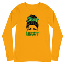 Load image into Gallery viewer, Lucky Lady with Bow Shamrock Unisex Long Sleeve Tee St Patrick’s Day
