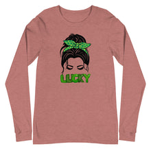 Load image into Gallery viewer, Lucky Lady with Bow Shamrock Unisex Long Sleeve Tee St Patrick’s Day
