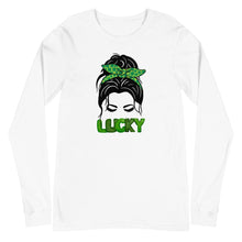 Load image into Gallery viewer, Lucky Lady with Bow Shamrock Unisex Long Sleeve Tee St Patrick’s Day
