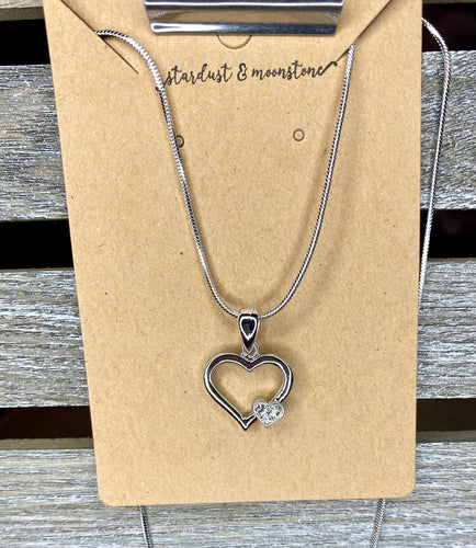 White gold Plated Heart Necklace - Stardust & Moonstone