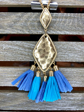 Load image into Gallery viewer, Goldtone Necklace with Blue Raffia Accents - Stardust &amp; Moonstone
