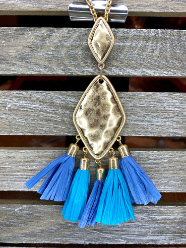Goldtone Necklace with Blue Raffia Accents - Stardust & Moonstone
