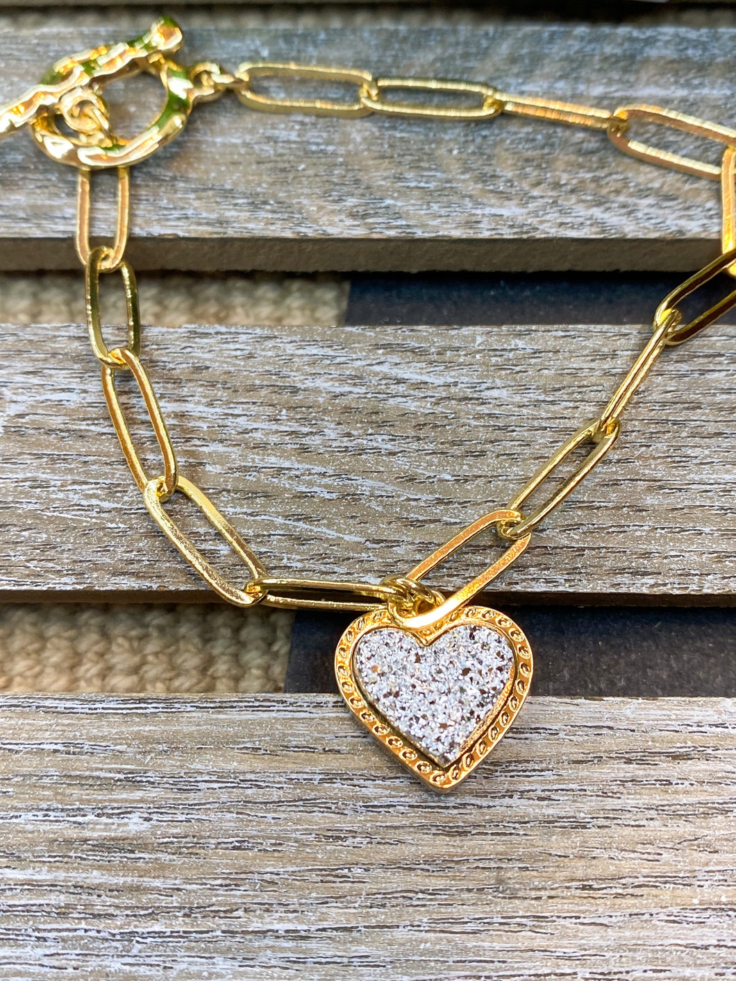 Druzy Heart Charm Gold Paper Clip Bracelet - Stardust & Moonstone