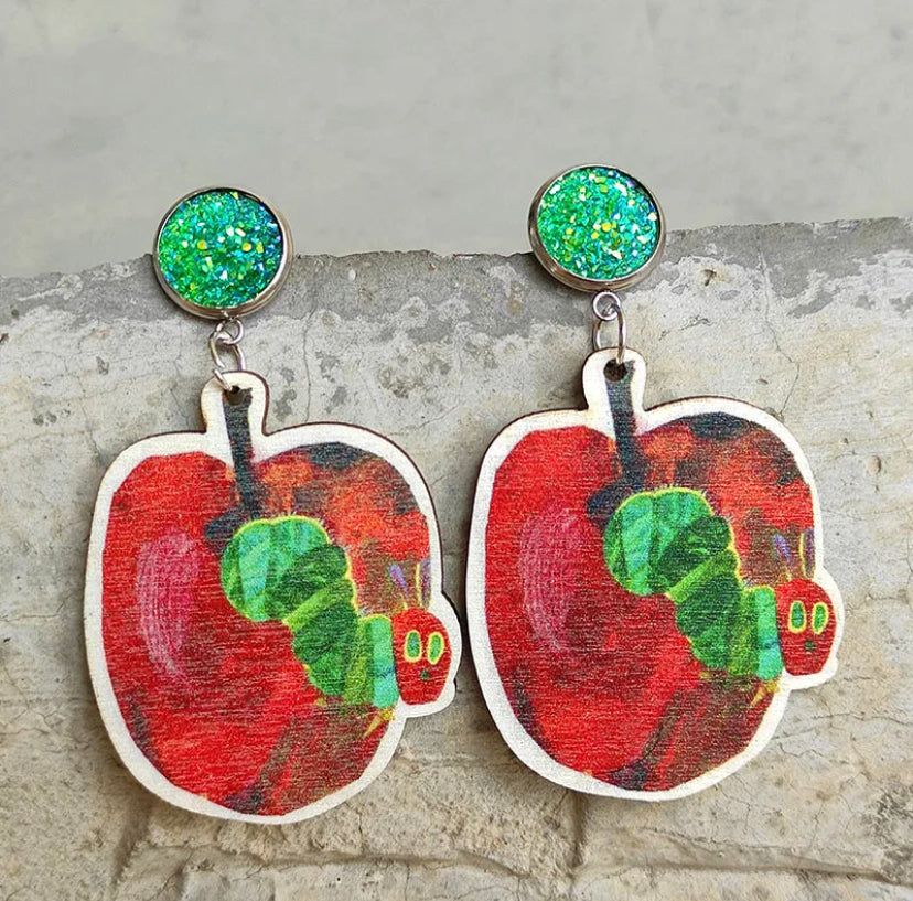 Hungry Caterpillar Apple Earrings - Stardust & Moonstone