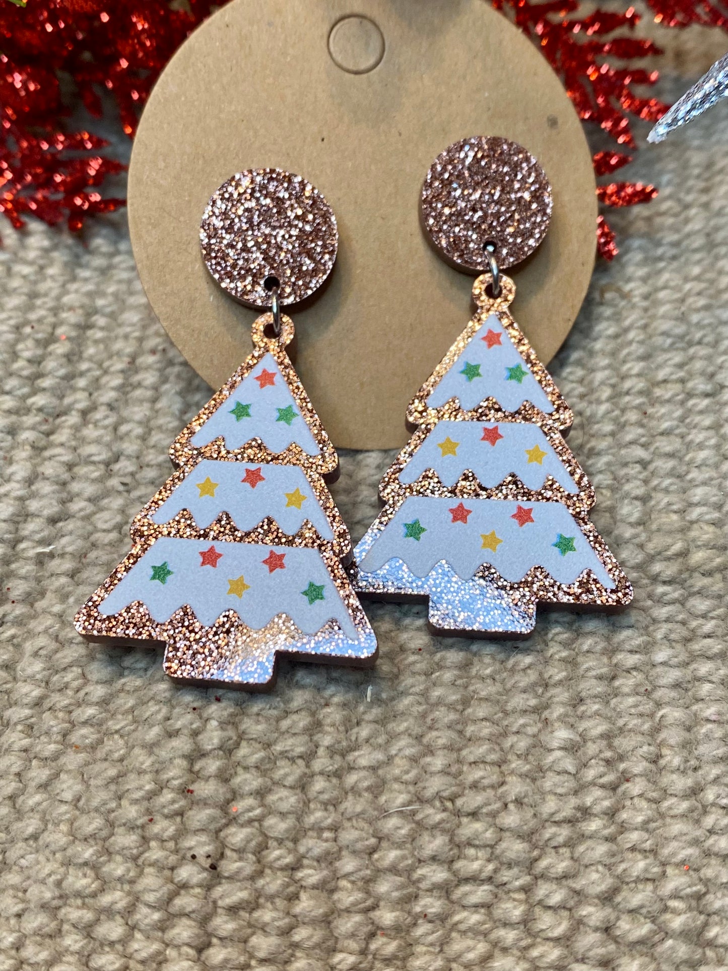 Gingerbread Glitter Christmas Tree Earrings