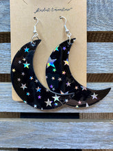 Load image into Gallery viewer, Black &amp; Holographic Star Leather Earrings - Stardust &amp; Moonstone
