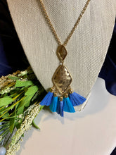 Load image into Gallery viewer, Goldtone Necklace with Blue Raffia Accents - Stardust &amp; Moonstone
