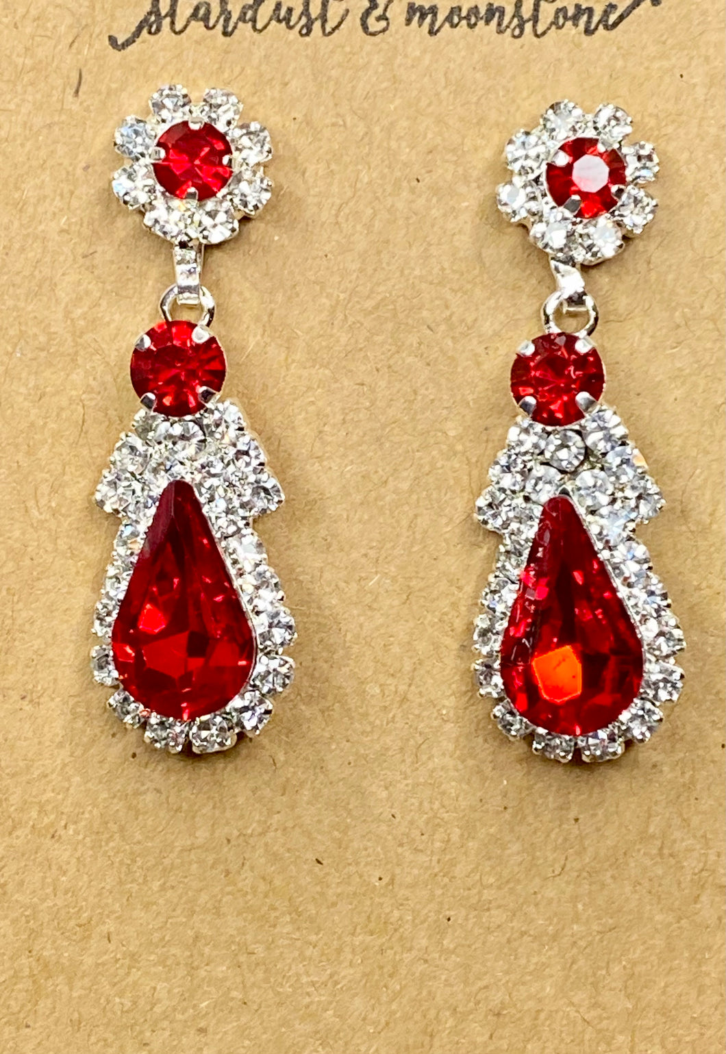 Red Crystal Teardrop & Rhinestone Earrings - Stardust & Moonstone
