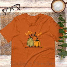 Load image into Gallery viewer, Hello Fall Unisex Pumpkin T-shirt 5 color options
