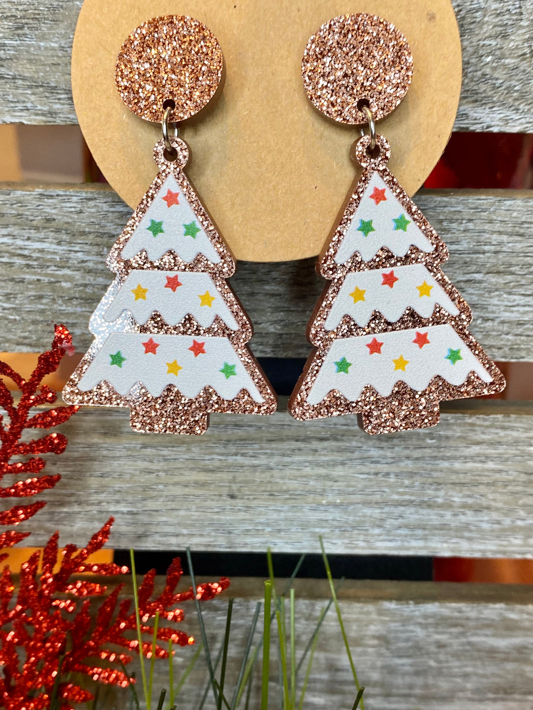 Copper Glitter Christmas Tree Earrings