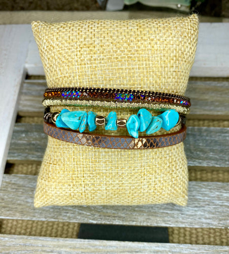 Multi Layer Leather with Turquoise Magnetic Bracelet - Stardust & Moonstone