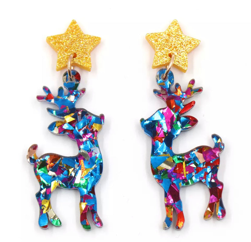 Reindeer Rainbow Prism Dangle Earrings on Glittery Star Studs