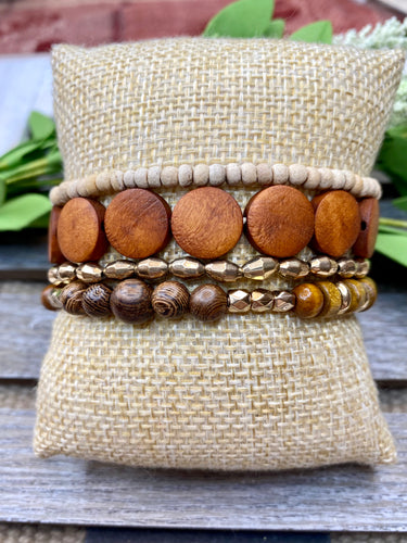 Natural Wood Bead Bracelet Set - Stardust & Moonstone