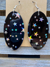 Load image into Gallery viewer, Black &amp; Holographic Star Leather Earrings - Stardust &amp; Moonstone
