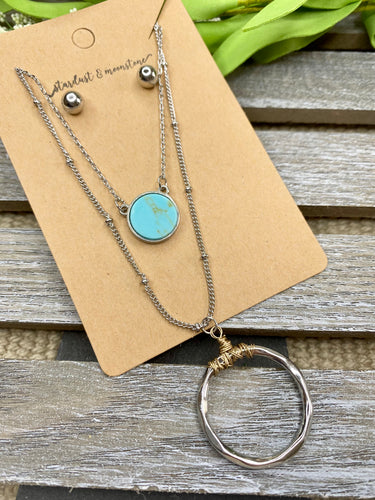 Layered Circle Necklace & Earrings Set - Stardust & Moonstone