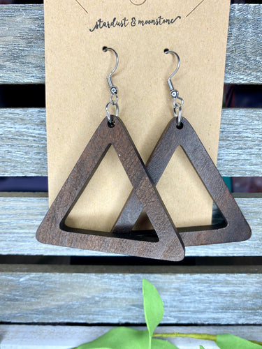Dark Wood Triangle Earrings - Stardust & Moonstone