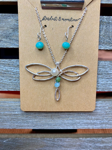 Wire Metal Dragonfly Necklace Set - Stardust & Moonstone